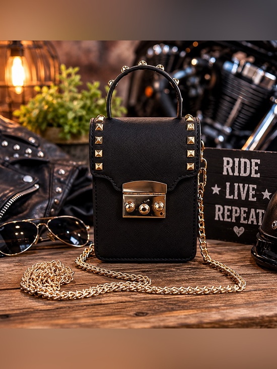 Source Unknown Handbags - Black Studded Crossbody Bag with Gold Hardware